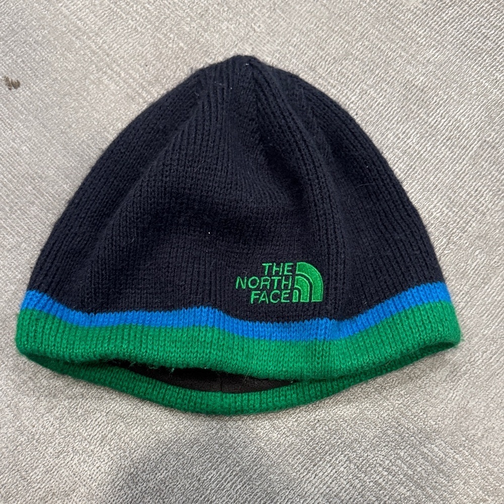 The North Face Navy Blue Beanie with Green and Blue Stripes Youth Medium